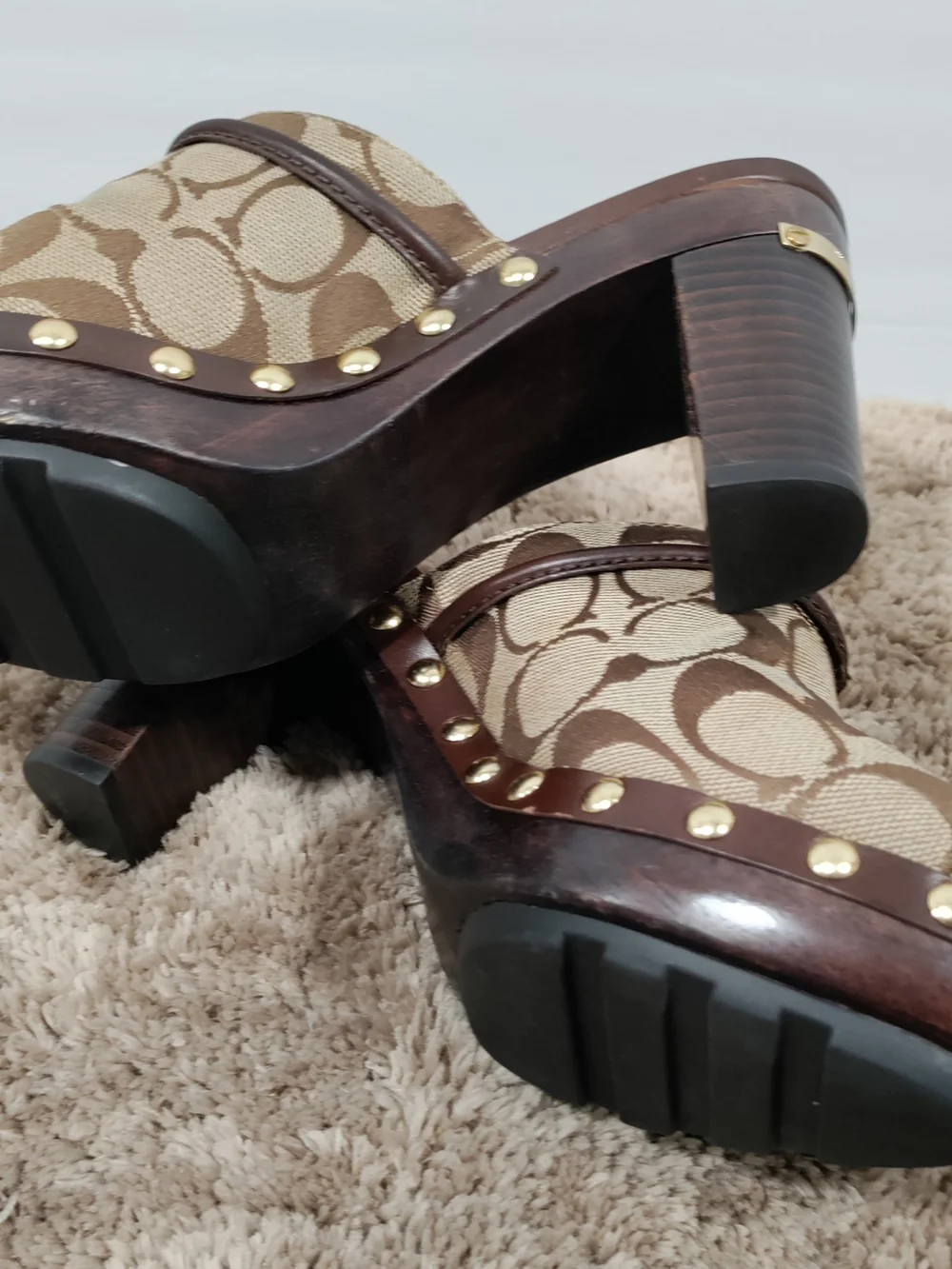 Coach Signature C Jacquard Platform Clog Mules Brown Women’s Size 6.5B